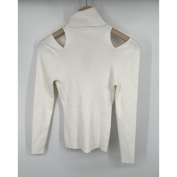 A.L.C. Womens Ribbed Cut Out Turtleneck Knit Sweater Blouse Off White Size Small - Picture 4 of 4